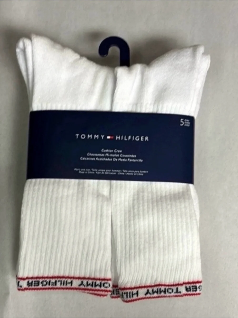 New Tommy Hilfiger Socks Men’s 5 Pairs White Cushion Crew Socks Athletic Casual
